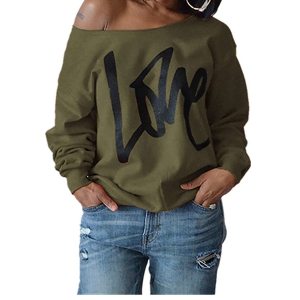 Nancy Rose Women's 2XL Off-Shoulder Love Sweatshirt olive green